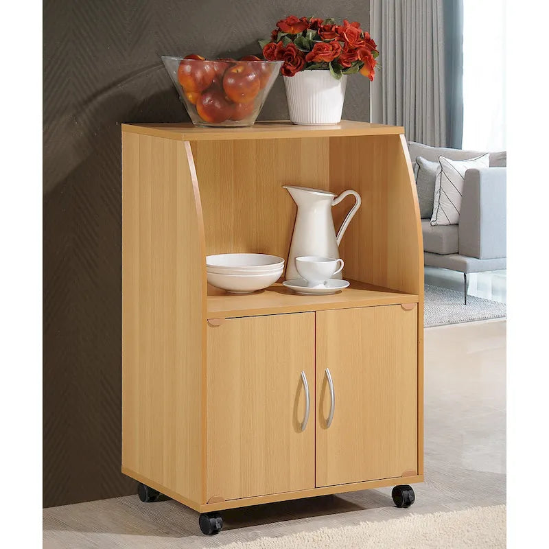 Compact Wooden Microwave Cart with Cabinet Storage, Beech