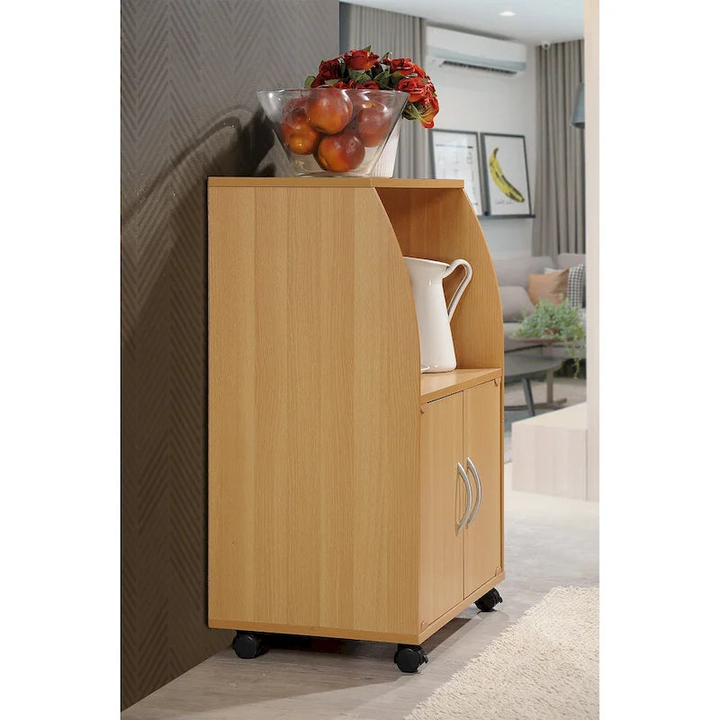 Compact Wooden Microwave Cart with Cabinet Storage, Beech