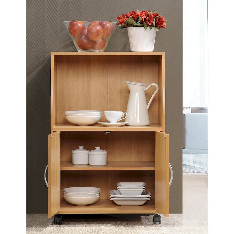 Compact Wooden Microwave Cart with Cabinet Storage, Beech