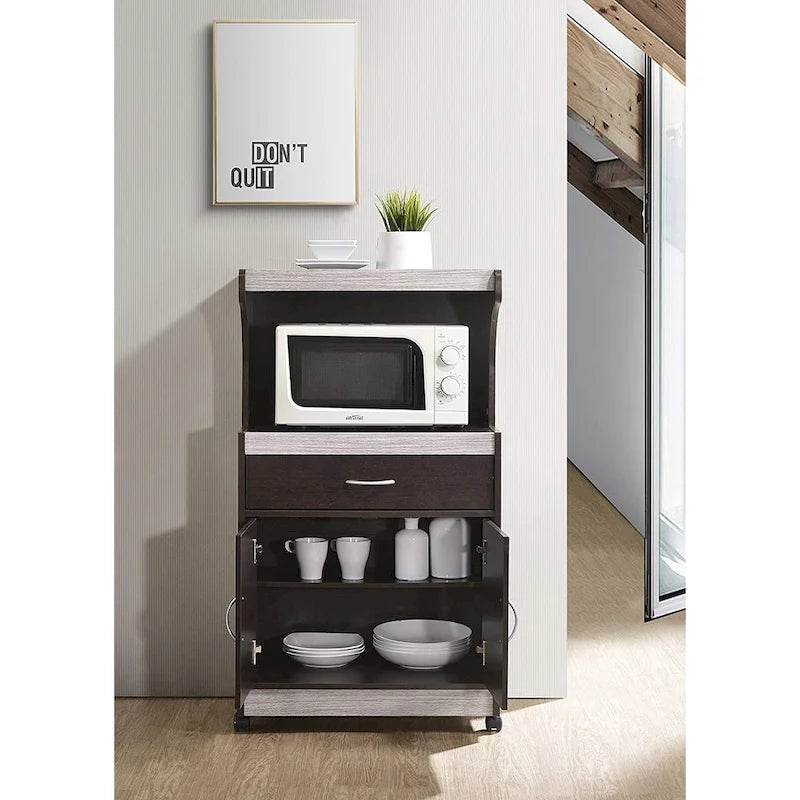 Wheeled Microwave Cart with Drawer and Cabinet, Brown and Grey