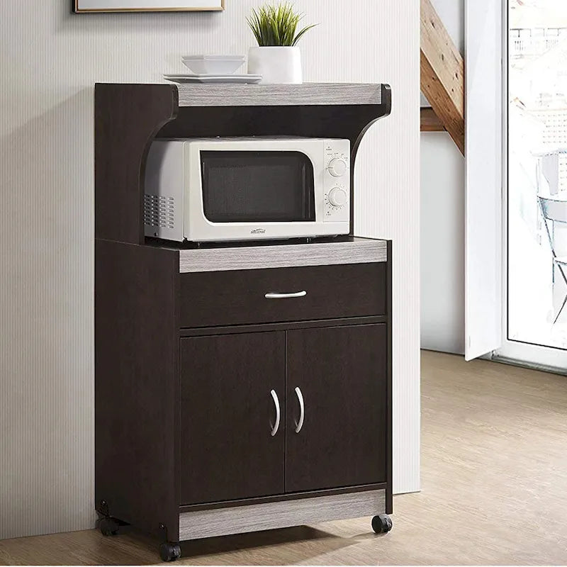 Wheeled Microwave Cart with Drawer and Cabinet, Brown and Grey