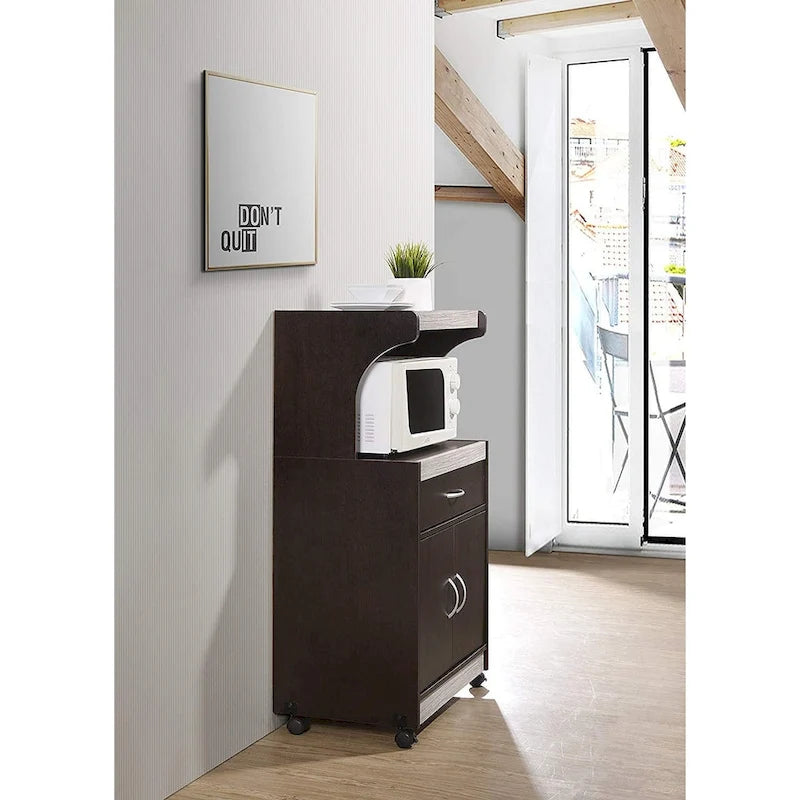 Wheeled Microwave Cart with Drawer and Cabinet, Brown and Grey