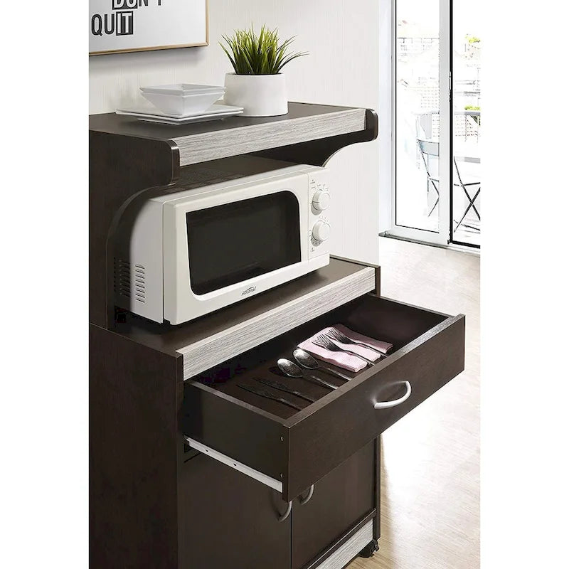 Wheeled Microwave Cart with Drawer and Cabinet, Brown and Grey