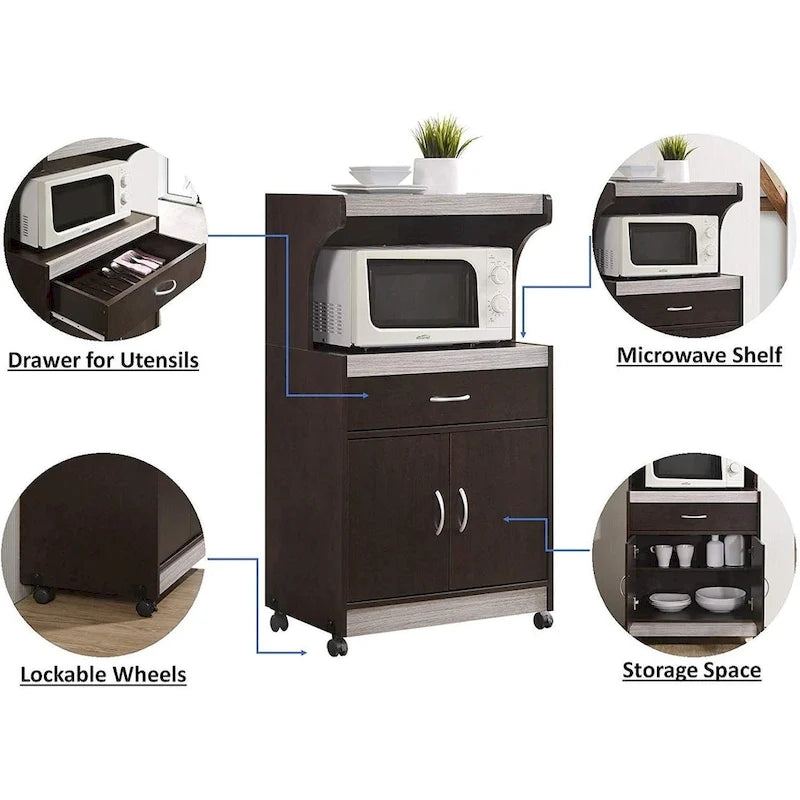 Wheeled Microwave Cart with Drawer and Cabinet, Brown and Grey
