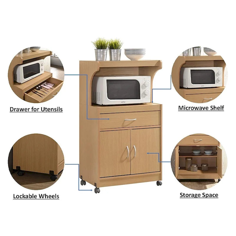 Microwave Kitchen Cart with Drawer, Storage Cabinet and Locking Wheels