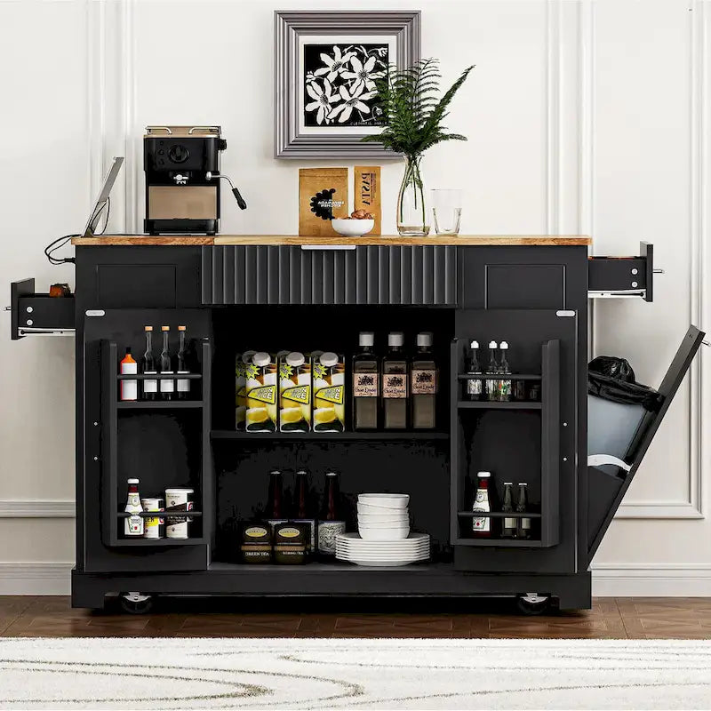 Fluted Rolling Kitchen Island with Trash Storage and Power Outlet