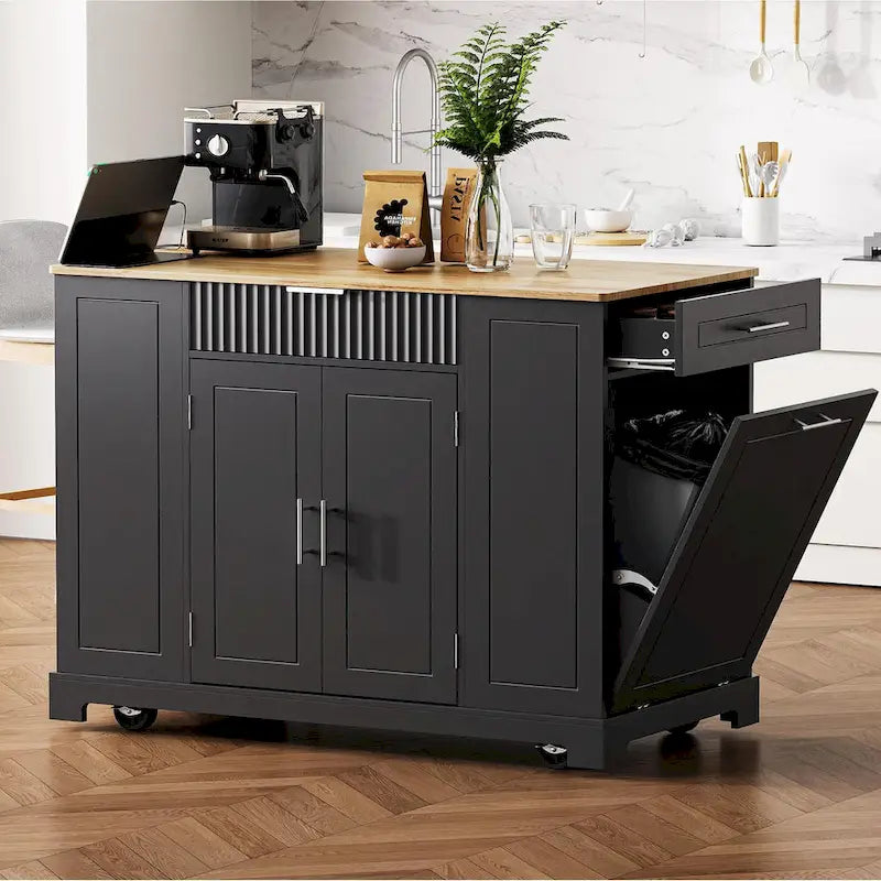 Fluted Rolling Kitchen Island with Trash Storage and Power Outlet