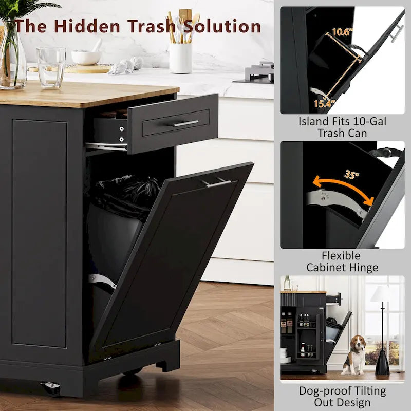 Fluted Rolling Kitchen Island with Trash Storage and Power Outlet