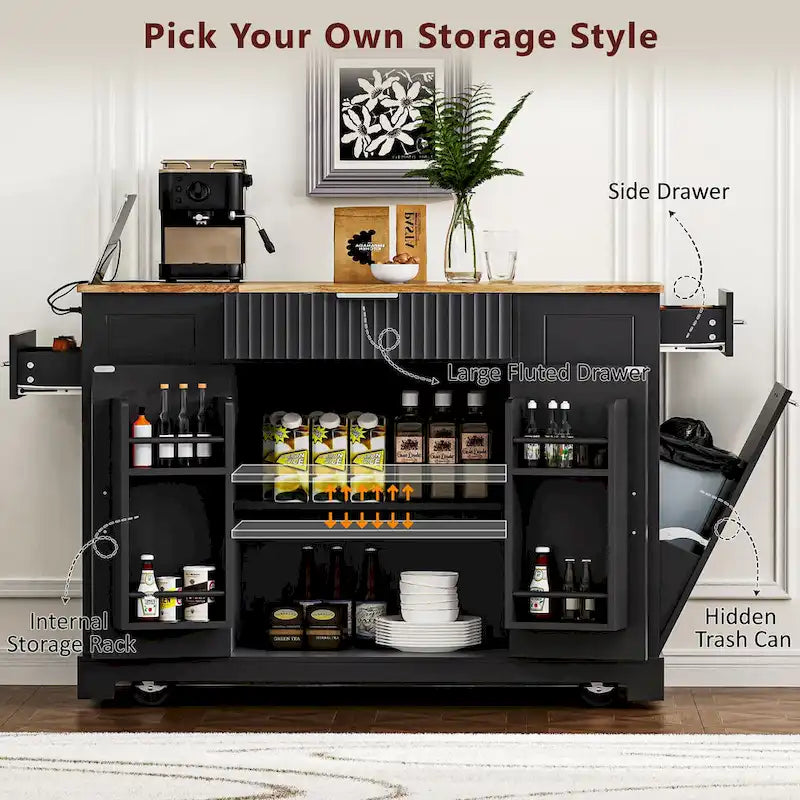 Fluted Rolling Kitchen Island with Trash Storage and Power Outlet