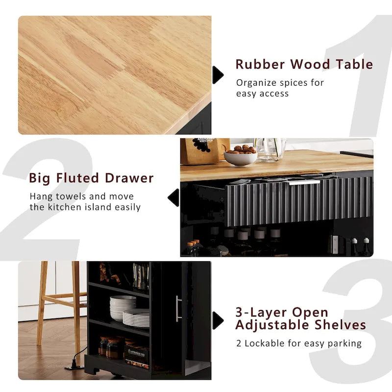 Fluted Rolling Kitchen Island with Trash Storage and Power Outlet