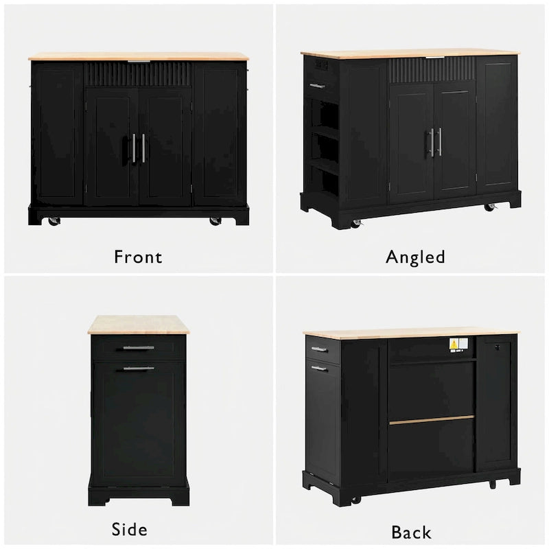 Fluted Rolling Kitchen Island with Trash Storage and Power Outlet