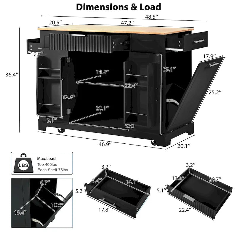 Fluted Rolling Kitchen Island with Trash Storage and Power Outlet
