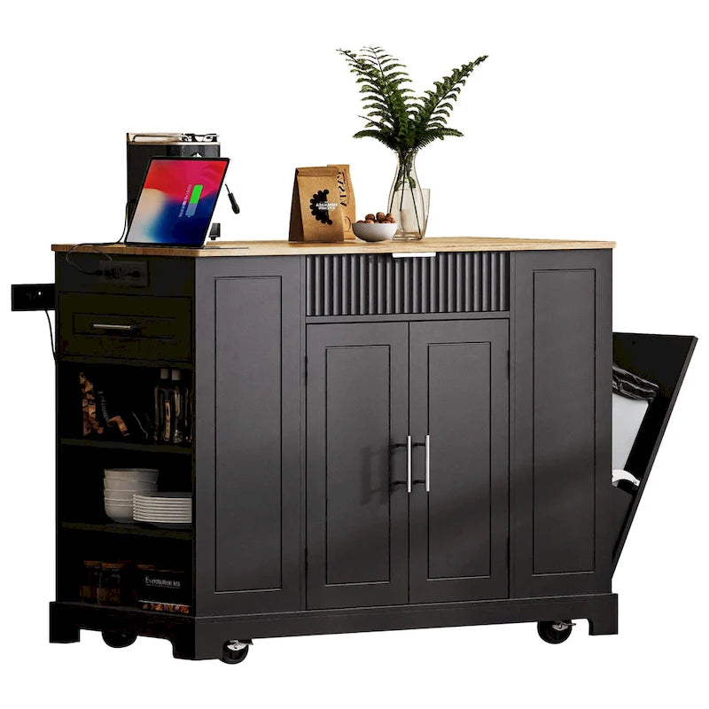 Fluted Rolling Kitchen Island with Trash Storage and Power Outlet