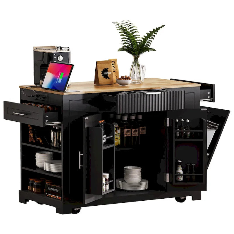 Fluted Rolling Kitchen Island with Trash Storage and Power Outlet