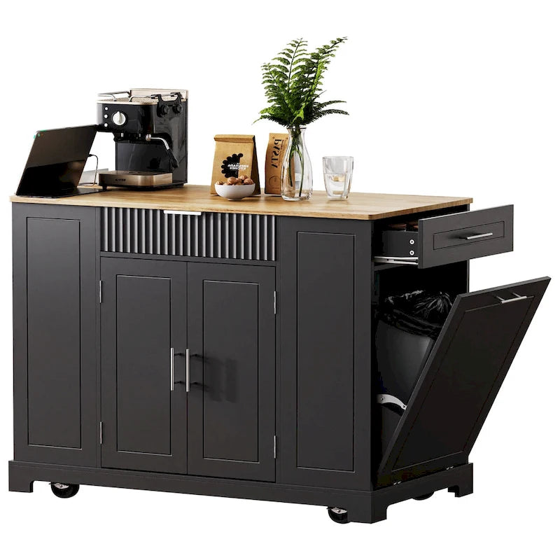 Fluted Rolling Kitchen Island with Trash Storage and Power Outlet