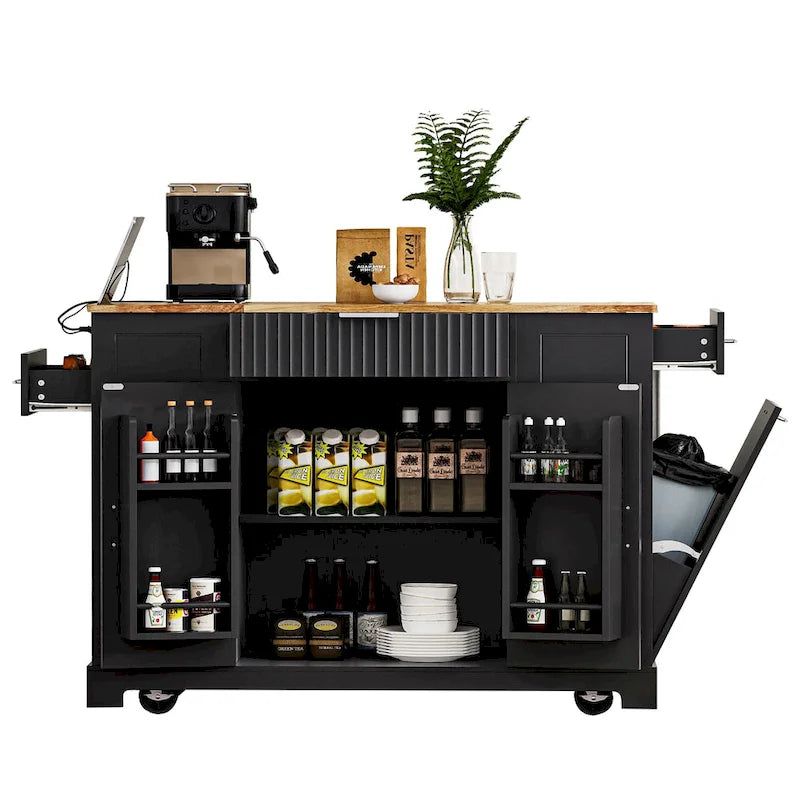 Fluted Rolling Kitchen Island with Trash Storage and Power Outlet