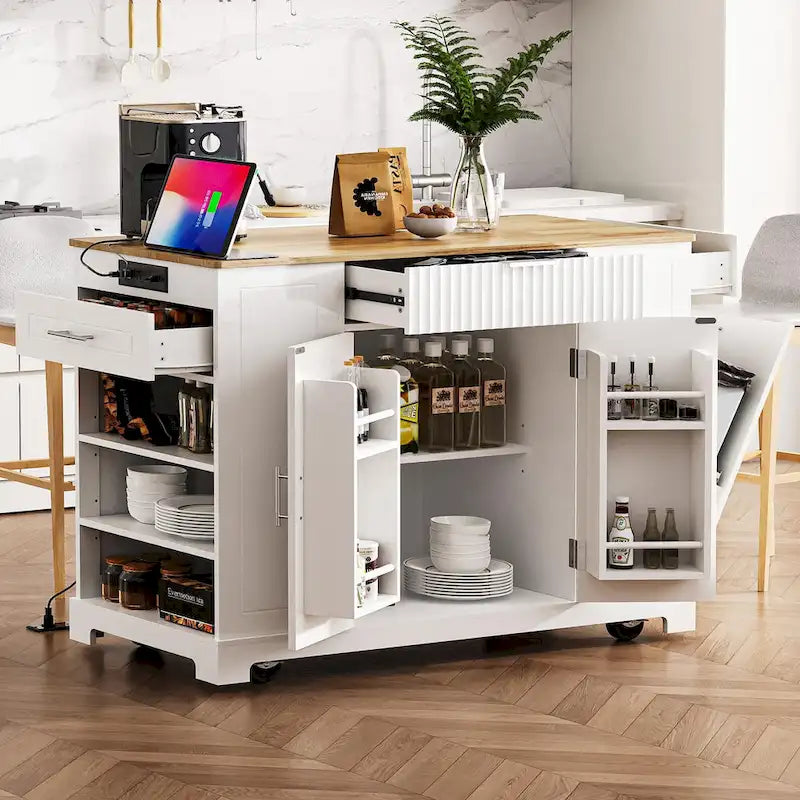 Fluted Rolling Kitchen Island with Trash Storage and Power Outlet