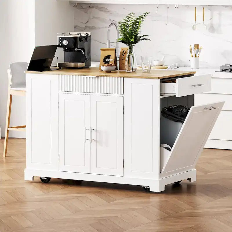 Fluted Rolling Kitchen Island with Trash Storage and Power Outlet