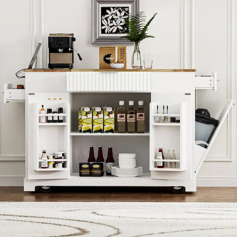 Fluted Rolling Kitchen Island with Trash Storage and Power Outlet