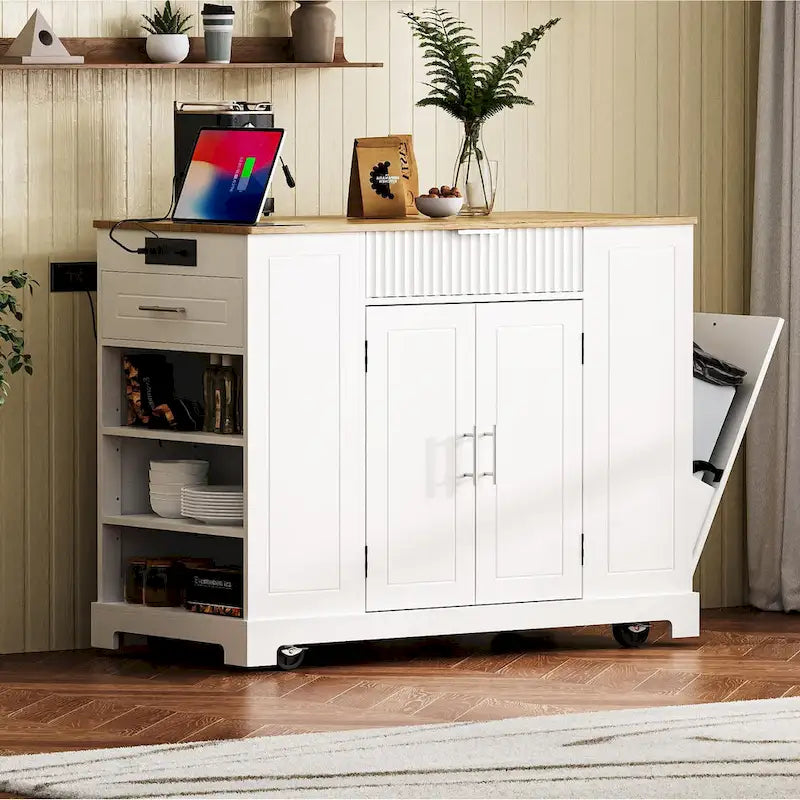 Fluted Rolling Kitchen Island with Trash Storage and Power Outlet