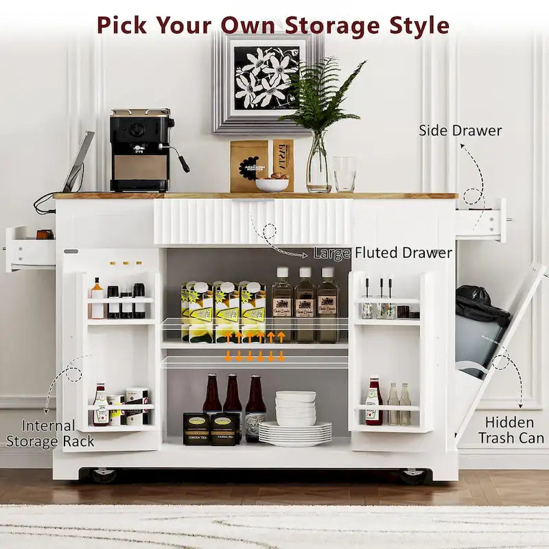 Fluted Rolling Kitchen Island with Trash Storage and Power Outlet