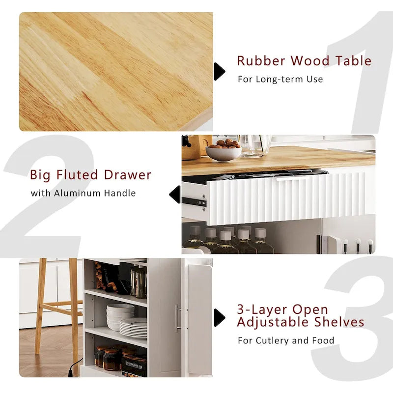 Fluted Rolling Kitchen Island with Trash Storage and Power Outlet