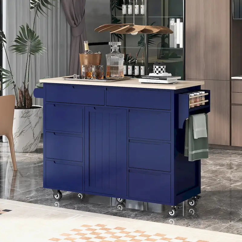 Rolling Kitchen Island with Rubberwood Top and 8 Drawers