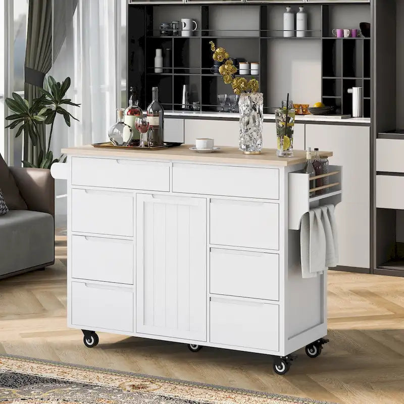Rolling Kitchen Island with Rubberwood Top and 8 Drawers