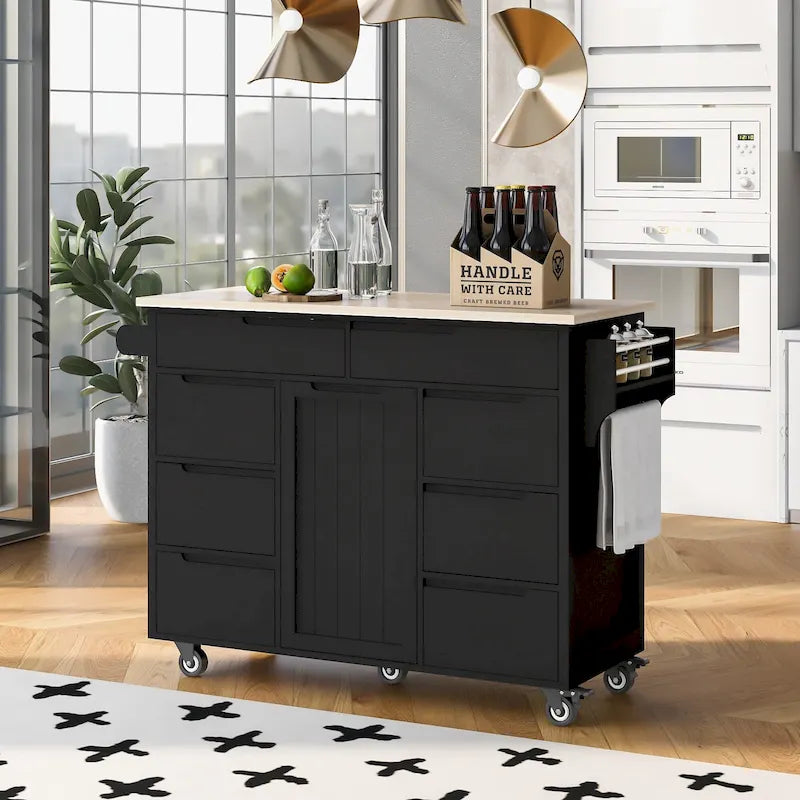Rolling Kitchen Island with Rubberwood Top and 8 Drawers