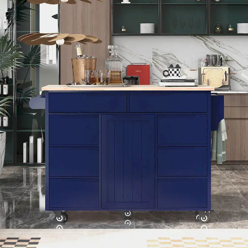 Rolling Kitchen Island with Rubberwood Top and 8 Drawers
