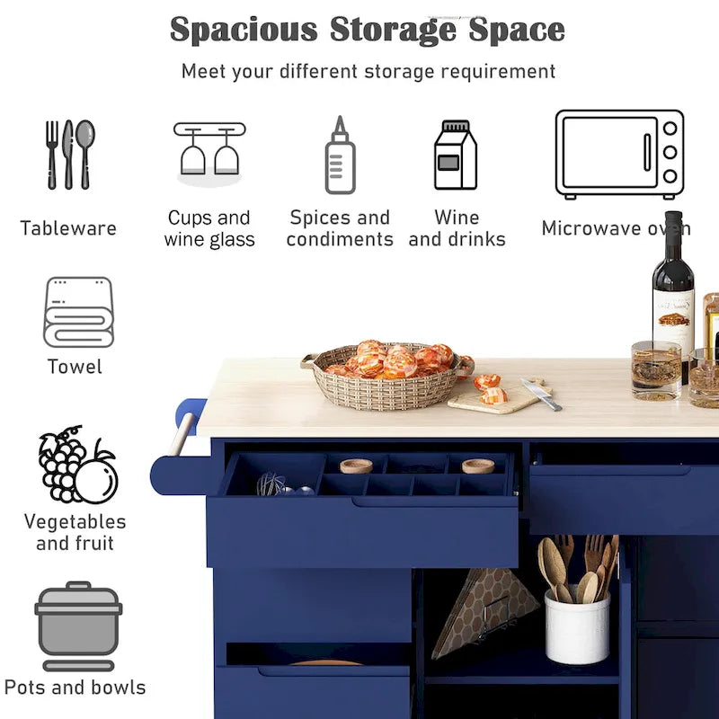Rolling Kitchen Island with Rubberwood Top and 8 Drawers