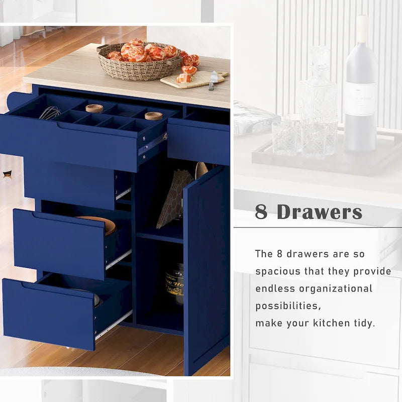 Rolling Kitchen Island with Rubberwood Top and 8 Drawers