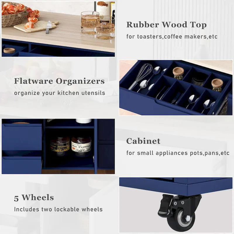 Rolling Kitchen Island with Rubberwood Top and 8 Drawers