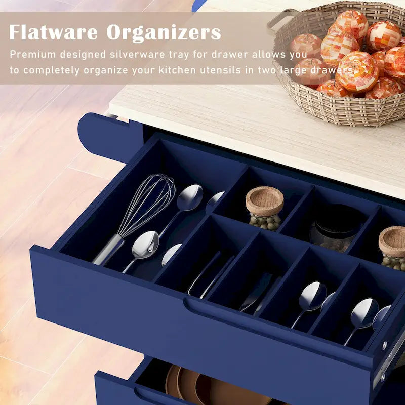 Rolling Kitchen Island with Rubberwood Top and 8 Drawers