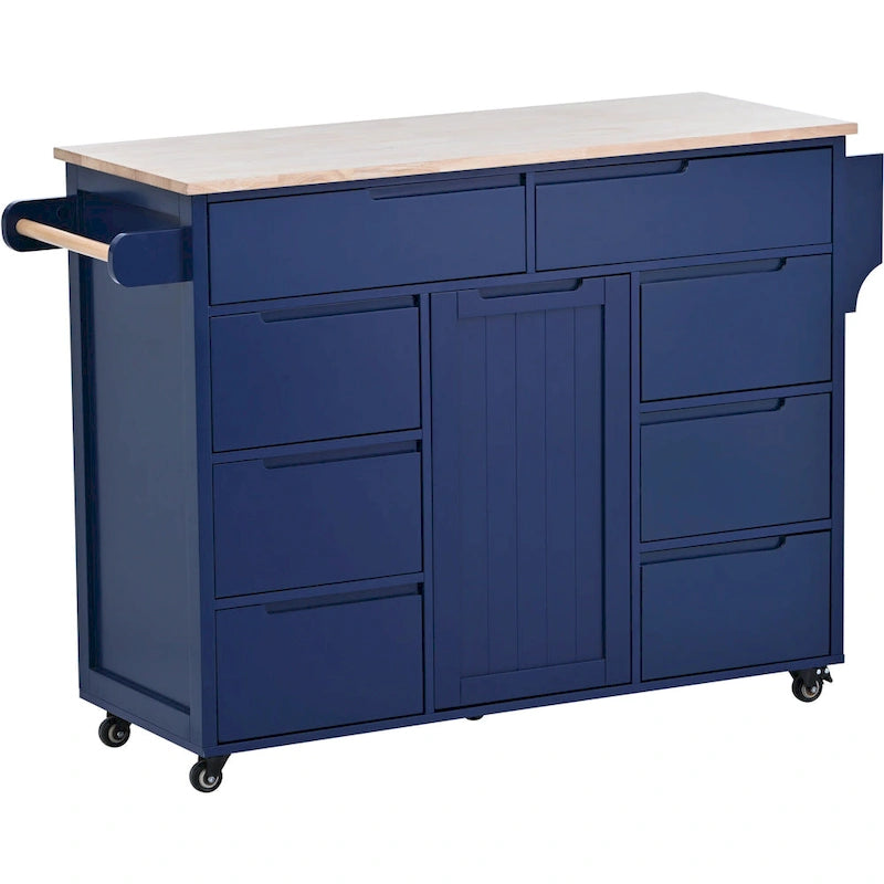 Rolling Kitchen Island with Rubberwood Top and 8 Drawers