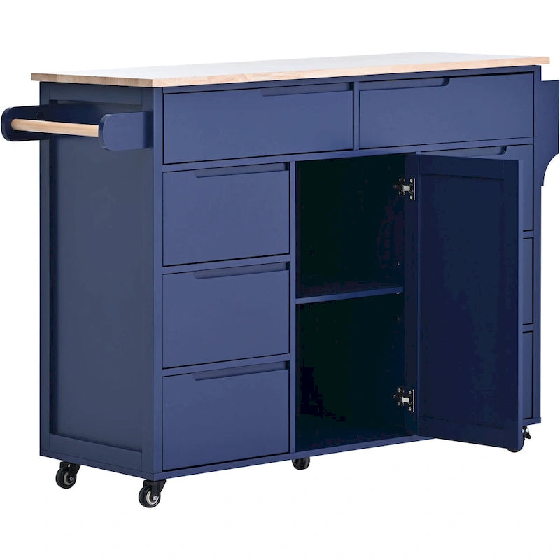 Rolling Kitchen Island with Rubberwood Top and 8 Drawers