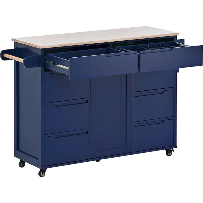 Rolling Kitchen Island with Rubberwood Top and 8 Drawers