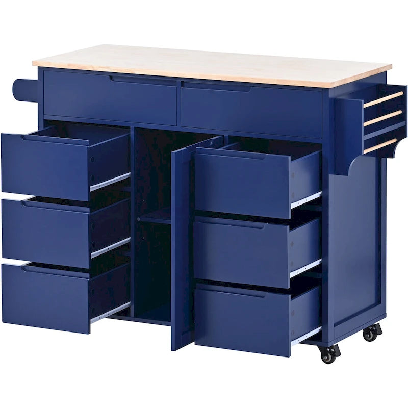 Rolling Kitchen Island with Rubberwood Top and 8 Drawers
