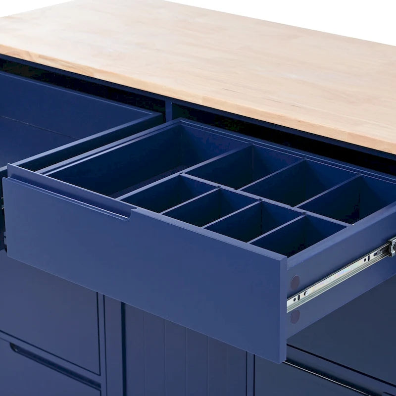 Rolling Kitchen Island with Rubberwood Top and 8 Drawers