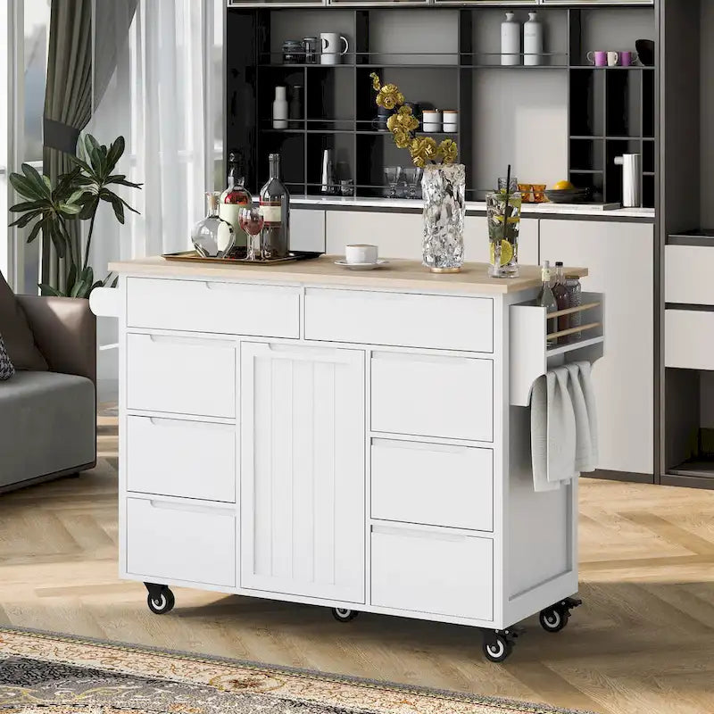 Rolling Kitchen Island with Rubberwood Top and 8 Drawers