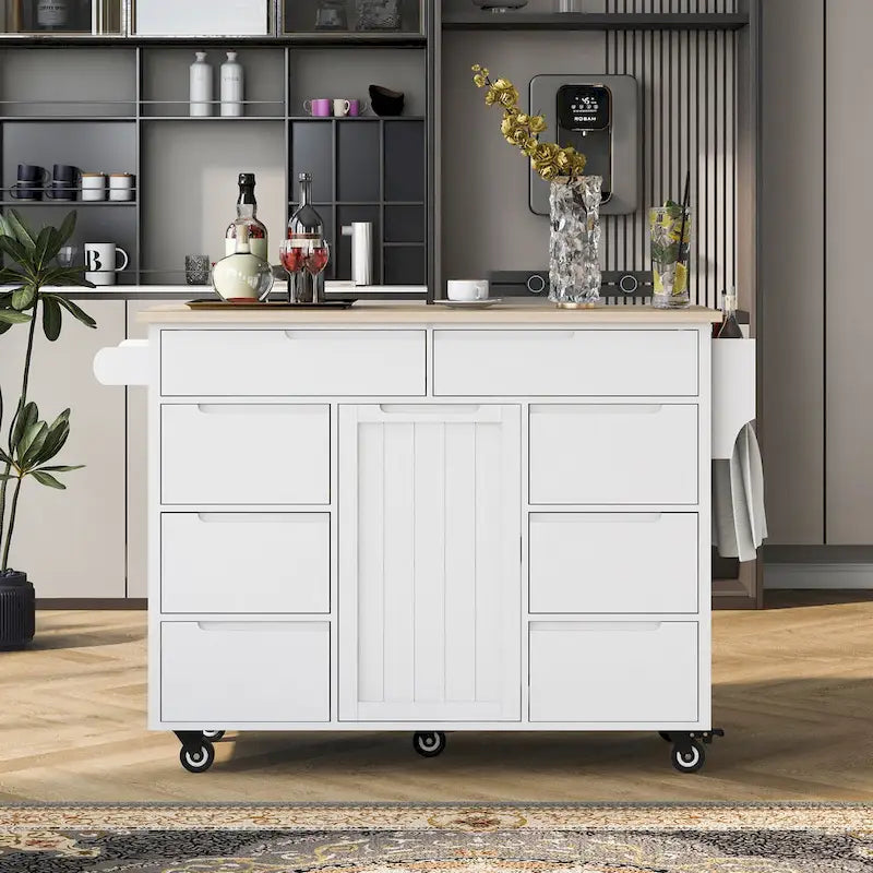 Rolling Kitchen Island with Rubberwood Top and 8 Drawers