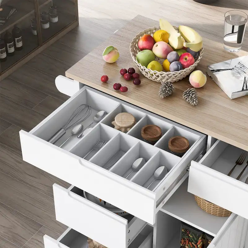 Rolling Kitchen Island with Rubberwood Top and 8 Drawers