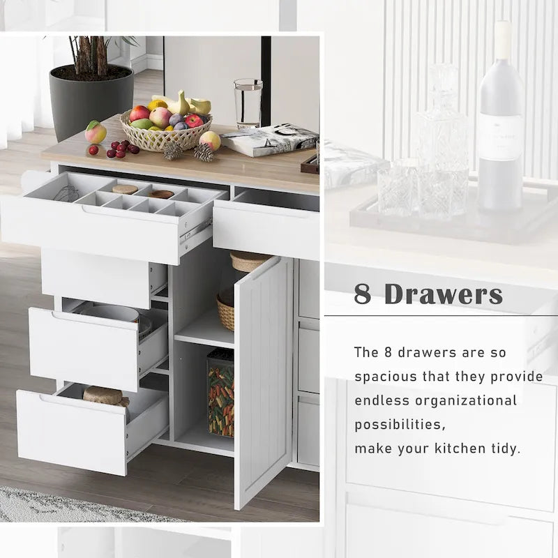 Rolling Kitchen Island with Rubberwood Top and 8 Drawers