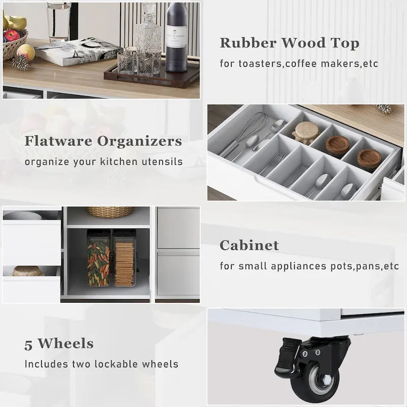 Rolling Kitchen Island with Rubberwood Top and 8 Drawers