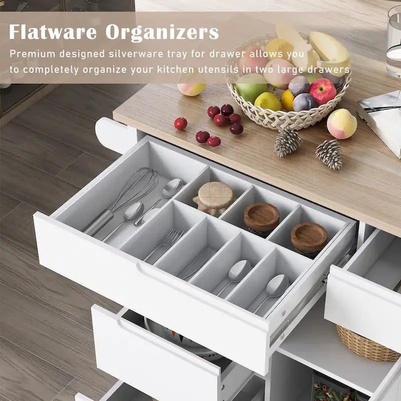 Rolling Kitchen Island with Rubberwood Top and 8 Drawers