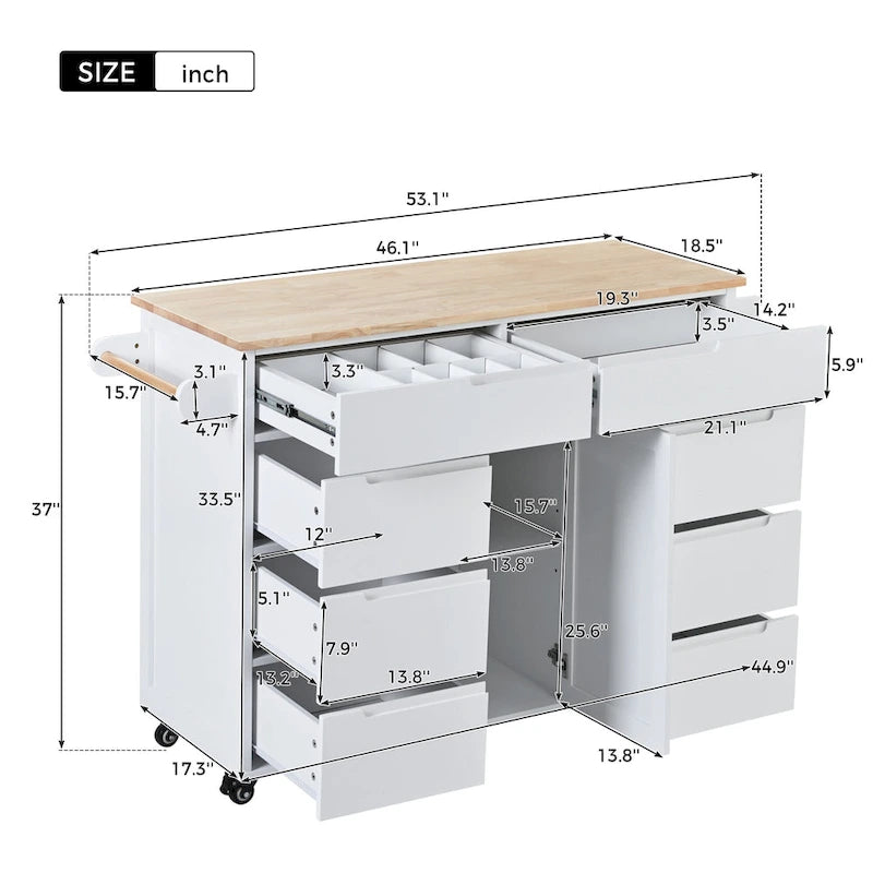 Rolling Kitchen Island with Rubberwood Top and 8 Drawers