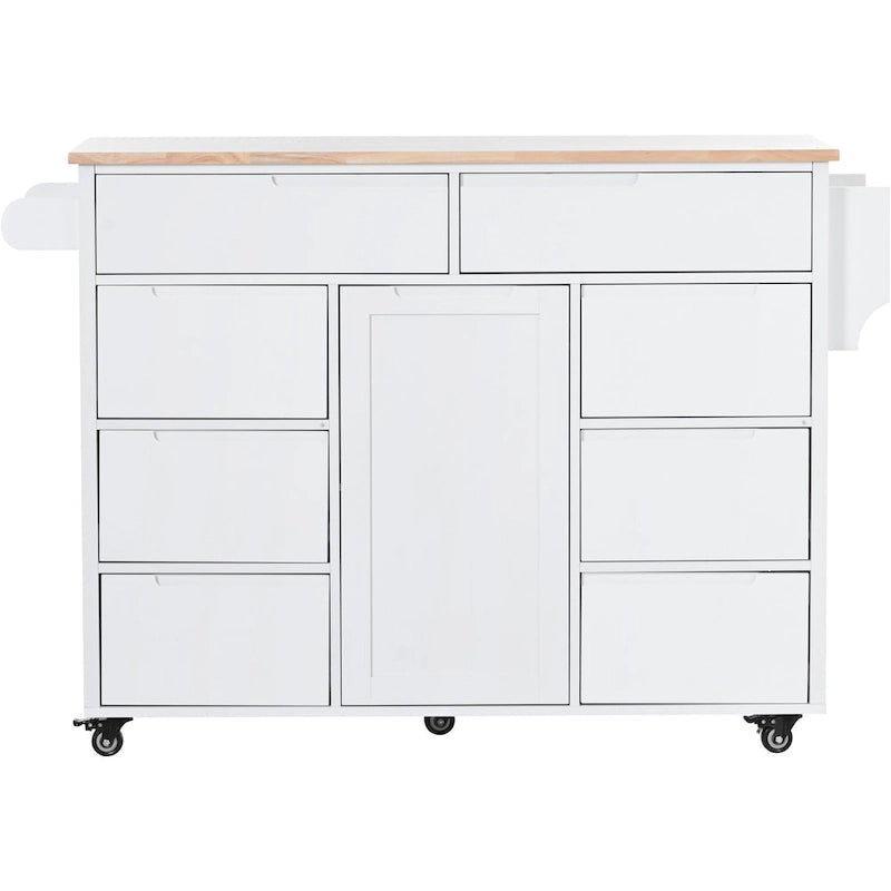 Rolling Kitchen Island with Rubberwood Top and 8 Drawers