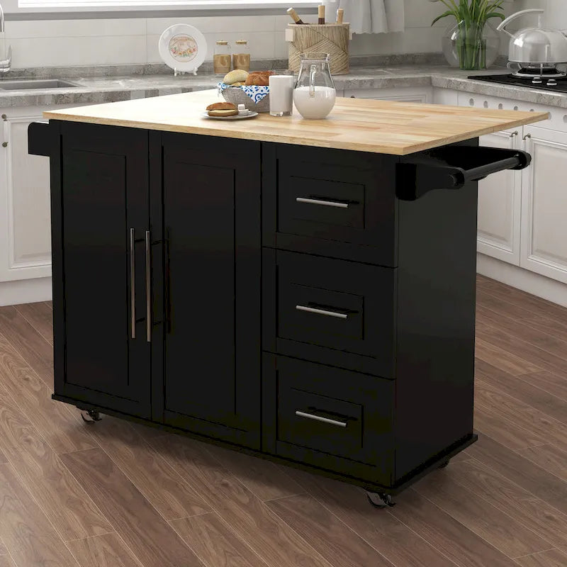 Rolling Kitchen Island with Solid Wood Drop-Leaf Top and Storage