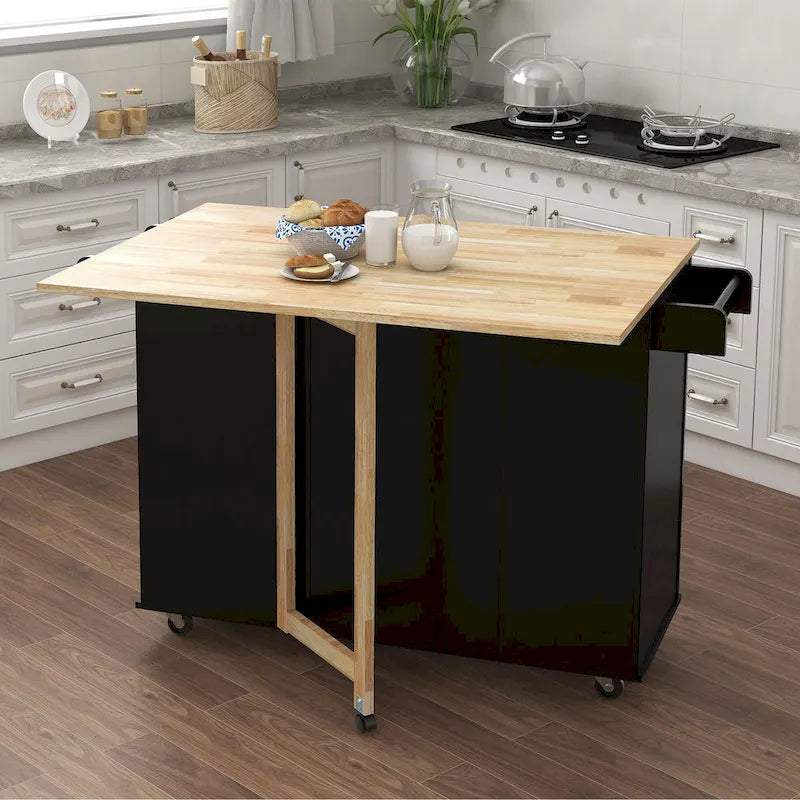 Rolling Kitchen Island with Solid Wood Drop-Leaf Top and Storage