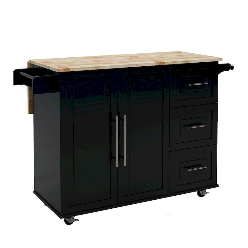 Rolling Kitchen Island with Solid Wood Drop-Leaf Top and Storage